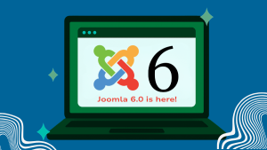 A graphic promoting the new release, showing a laptop screen with the Joomla logo and the number 6, announcing "Joomla 6.0 is here!"