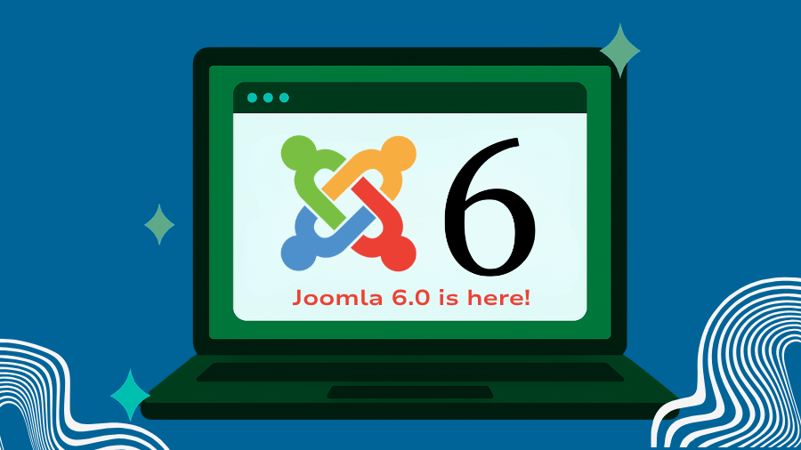 A graphic promoting the new release, showing a laptop screen with the Joomla logo and the number 6, announcing "Joomla 6.0 is here!"