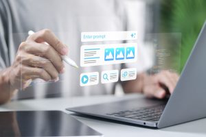 Person using a laptop with an AI website builder interface overlay, showing a prompt field and website layout blocks for generating a landing page.